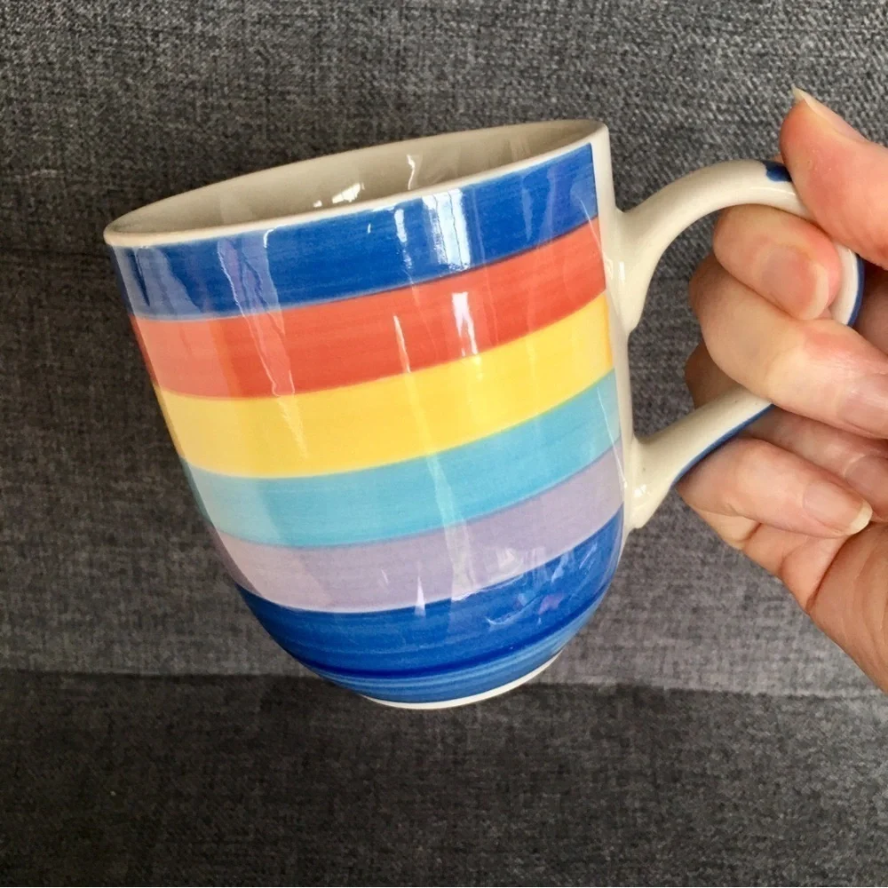 Set/2 Rainbow Striped Ceramic Coffee Mugs, 14 oz